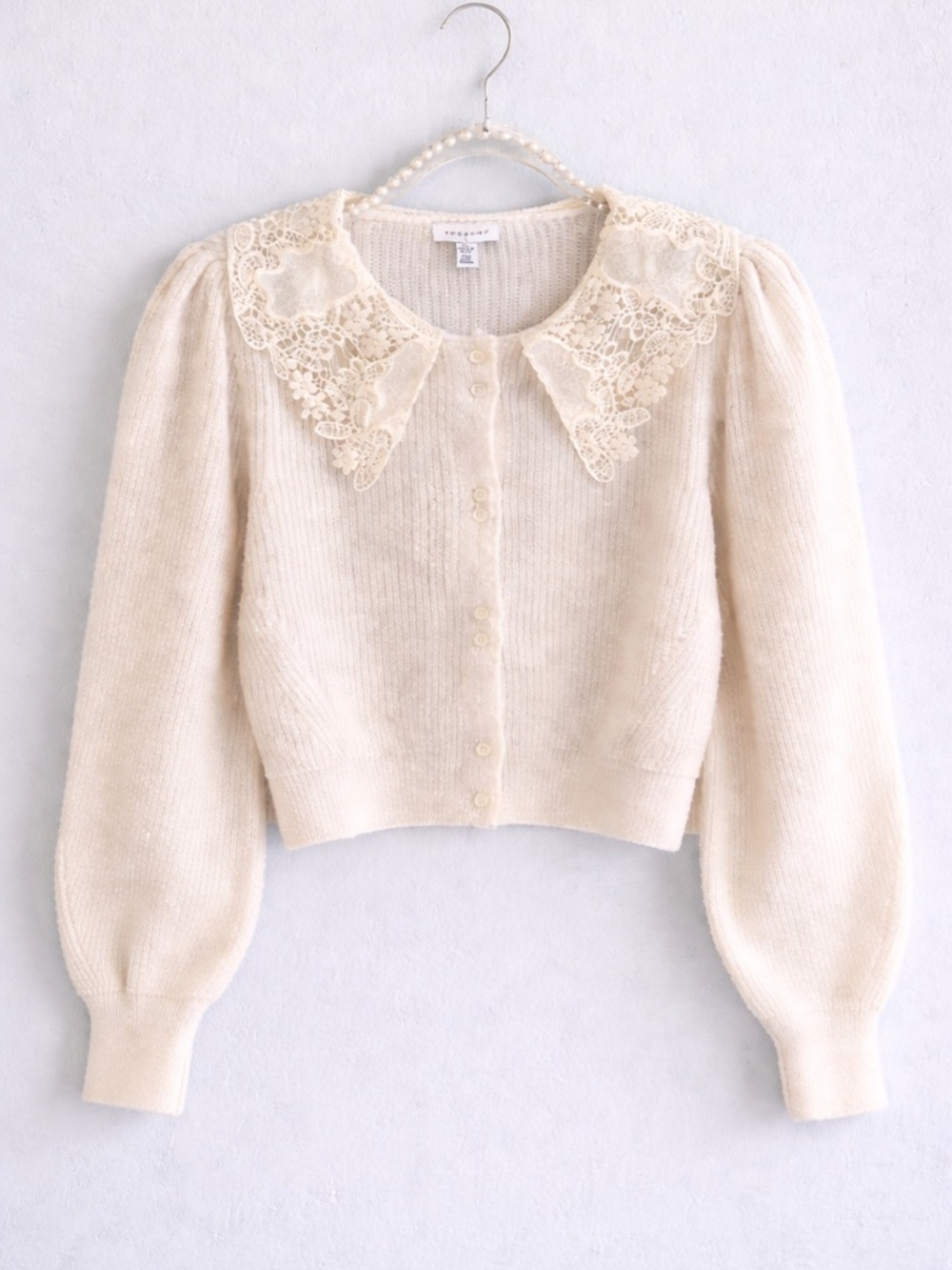 White Lace Collar Cardigan Cottagecore Coquette Ribbed Knit Cropped S - Picture 2 of 5